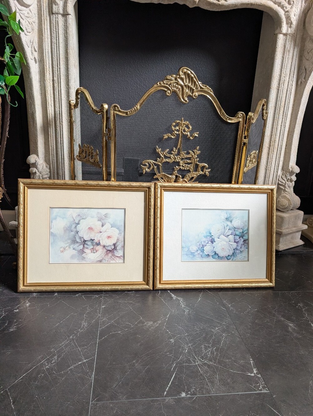 Vintage, set of 2, still floral art prints by Sonie Ames, Gold ornate wood frame